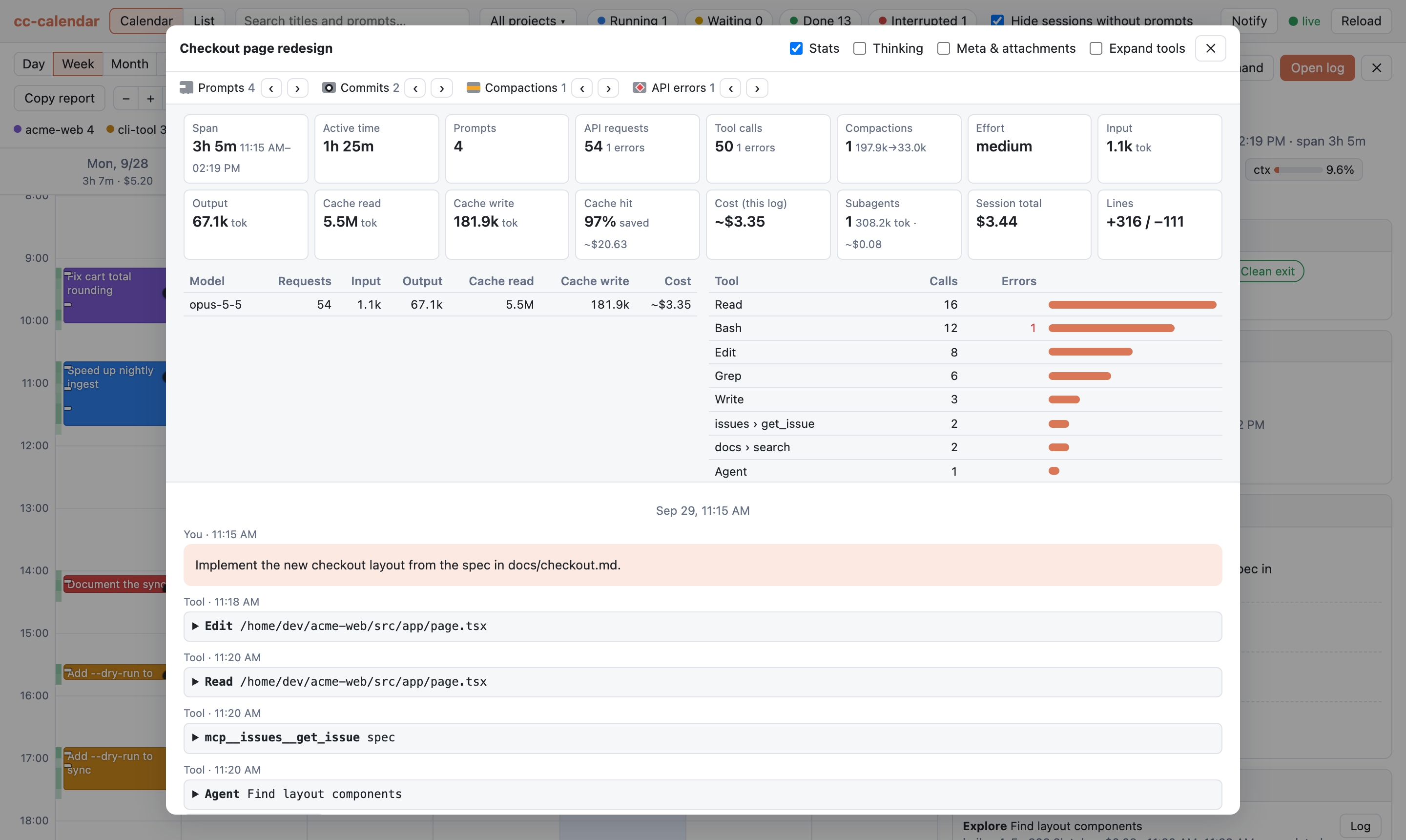 Transcript viewer with stats